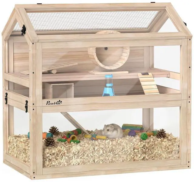 Main image of PawHut Wooden Hamster Cage for Small Gerbil, Mice 30" x 18" x 30" | 3-Tier Small Animal Cage, Hut, Seesaw, Ramps, Exercise Wheel, Acrylic Panel, Bottom Tray, Dwarf Hamster Habitat