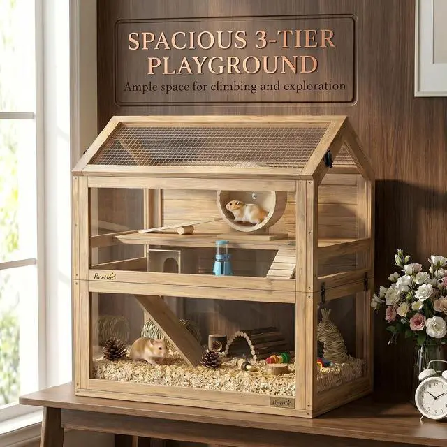 Alt view image 3 of 7 - PawHut Wooden Hamster Cage for Small Gerbil, Mice 30" x 18" x 30" | 3-Tier Small Animal Cage, Hut, Seesaw, Ramps, Exercise Wheel, Acrylic Panel, Bottom Tray, Dwarf Hamster Habitat