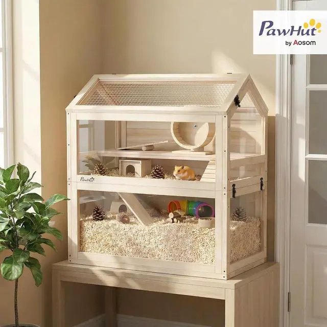 Alt view image 2 of 7 - PawHut Wooden Hamster Cage for Small Gerbil, Mice 30" x 18" x 30" | 3-Tier Small Animal Cage, Hut, Seesaw, Ramps, Exercise Wheel, Acrylic Panel, Bottom Tray, Dwarf Hamster Habitat