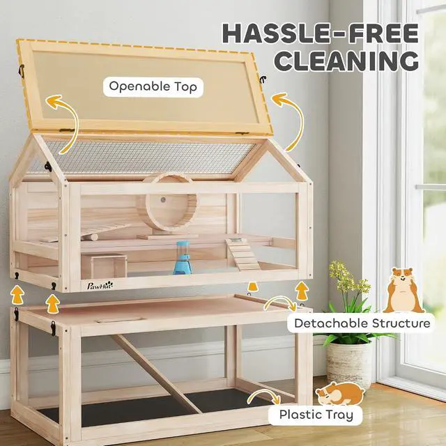Alt view image 4 of 7 - PawHut Wooden Hamster Cage for Small Gerbil, Mice 30" x 18" x 30" | 3-Tier Small Animal Cage, Hut, Seesaw, Ramps, Exercise Wheel, Acrylic Panel, Bottom Tray, Dwarf Hamster Habitat