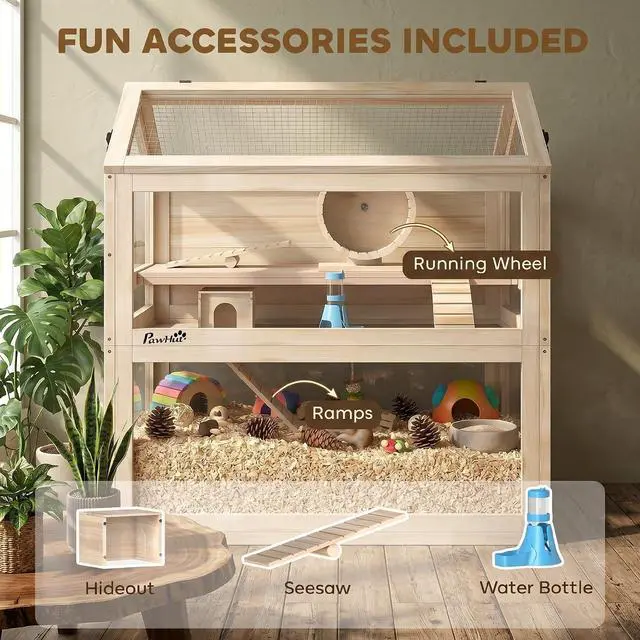 Alt view image 5 of 7 - PawHut Wooden Hamster Cage for Small Gerbil, Mice 30" x 18" x 30" | 3-Tier Small Animal Cage, Hut, Seesaw, Ramps, Exercise Wheel, Acrylic Panel, Bottom Tray, Dwarf Hamster Habitat
