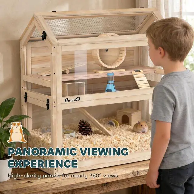 Alt view image 6 of 7 - PawHut Wooden Hamster Cage for Small Gerbil, Mice 30" x 18" x 30" | 3-Tier Small Animal Cage, Hut, Seesaw, Ramps, Exercise Wheel, Acrylic Panel, Bottom Tray, Dwarf Hamster Habitat