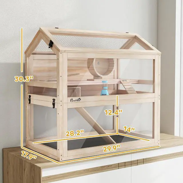 Alt view image 7 of 7 - PawHut Wooden Hamster Cage for Small Gerbil, Mice 30" x 18" x 30" | 3-Tier Small Animal Cage, Hut, Seesaw, Ramps, Exercise Wheel, Acrylic Panel, Bottom Tray, Dwarf Hamster Habitat