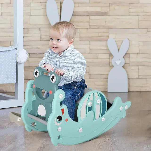 Alt view image 2 of 7 - Qaba 3-in-1 Kids Portable Slide Rocking Horse Toy for Age 1.5-3 Mint Green | with Basketball Hoop, for Boys and Girls