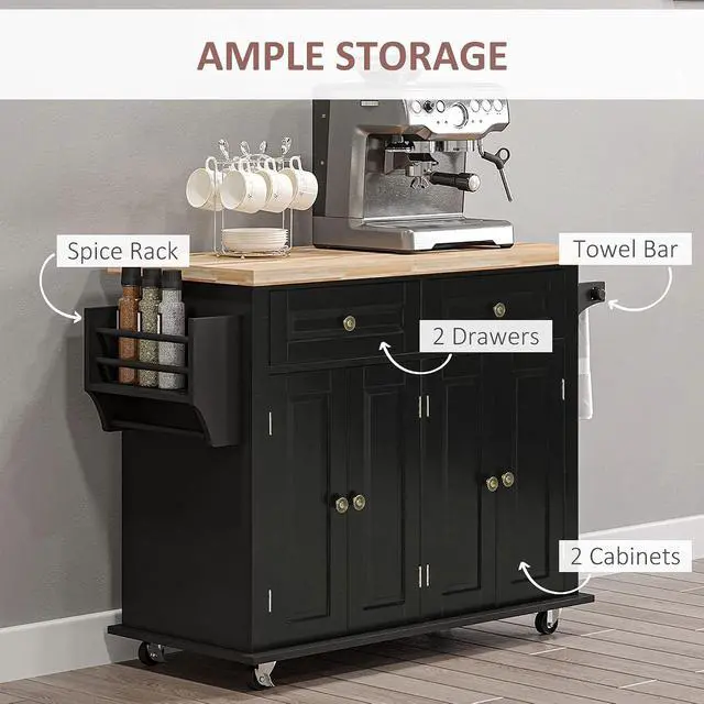 Alt view image 5 of 7 - Kitchen Island Cart with Solid Wood Top, 44" Mobile on Wheels, Black | Kitchen Island Table, Storage Cabinets, 2 Drawers, Adjustable Shelves, Spice Rack, Towel Bar, Dining Room