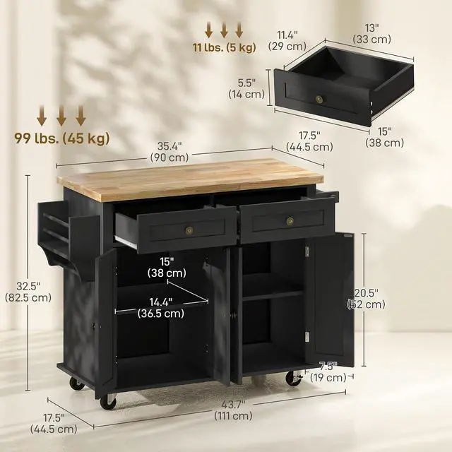 Alt view image 7 of 7 - Kitchen Island Cart with Solid Wood Top, 44" Mobile on Wheels, Black | Kitchen Island Table, Storage Cabinets, 2 Drawers, Adjustable Shelves, Spice Rack, Towel Bar, Dining Room