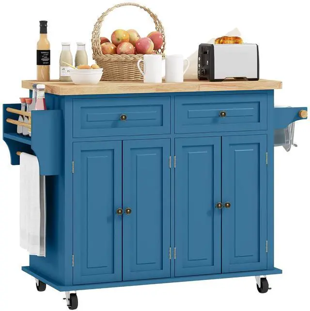 Main image of Kitchen Island Cart with Solid Wood Top 44" Mobile Turquoise | Kitchen Island Table, on Wheels, Storage Cabinets, 2 Drawers, Adjustable Shelves, Spice Rack & Towel Bar, for Dining Room