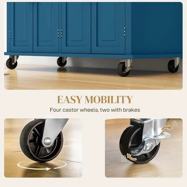 Alt view image 6 of 7 - Kitchen Island Cart with Solid Wood Top 44" Mobile Turquoise | Kitchen Island Table, on Wheels, Storage Cabinets, 2 Drawers, Adjustable Shelves, Spice Rack & Towel Bar, for Dining Room