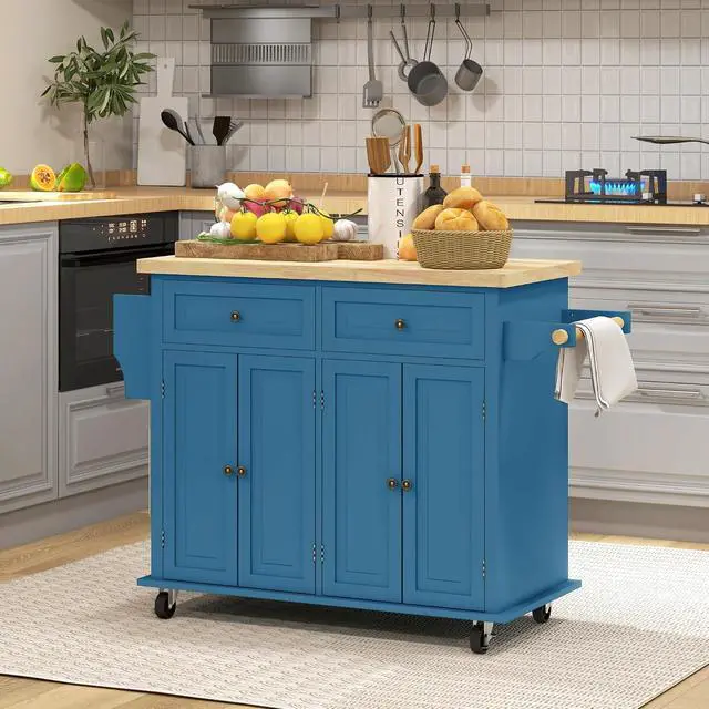 Alt view image 2 of 7 - Kitchen Island Cart with Solid Wood Top 44" Mobile Turquoise | Kitchen Island Table, on Wheels, Storage Cabinets, 2 Drawers, Adjustable Shelves, Spice Rack & Towel Bar, for Dining Room