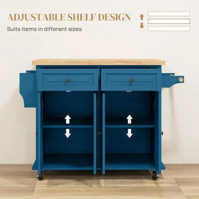 Alt view image 4 of 7 - Kitchen Island Cart with Solid Wood Top 44" Mobile Turquoise | Kitchen Island Table, on Wheels, Storage Cabinets, 2 Drawers, Adjustable Shelves, Spice Rack & Towel Bar, for Dining Room
