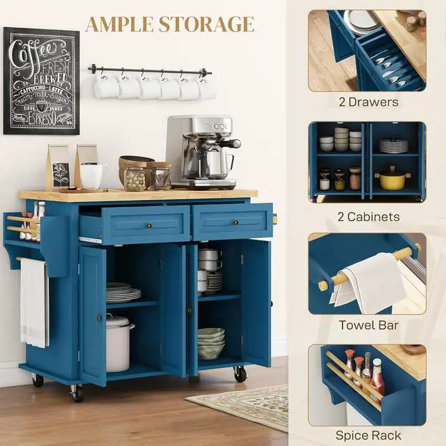 Alt view image 5 of 7 - Kitchen Island Cart with Solid Wood Top 44" Mobile Turquoise | Kitchen Island Table, on Wheels, Storage Cabinets, 2 Drawers, Adjustable Shelves, Spice Rack & Towel Bar, for Dining Room