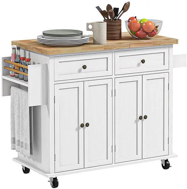 Main image of Kitchen Island Cart with Solid Wood Top 44" Mobile Distressed White | Kitchen Island Table, on Wheels, Storage Cabinets, 2 Drawers, Adjustable Shelves, Spice Rack & Towel Bar, for Dining Room
