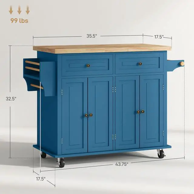 Alt view image 7 of 7 - Kitchen Island Cart with Solid Wood Top 44" Mobile Turquoise | Kitchen Island Table, on Wheels, Storage Cabinets, 2 Drawers, Adjustable Shelves, Spice Rack & Towel Bar, for Dining Room