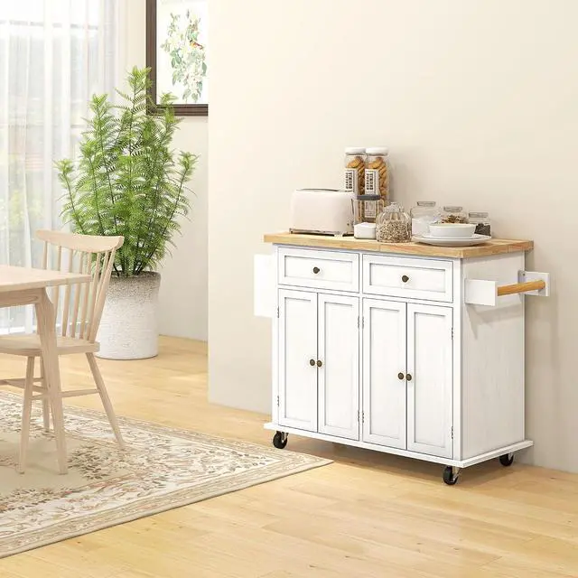 Alt view image 2 of 7 - Kitchen Island Cart with Solid Wood Top 44" Mobile Distressed White | Kitchen Island Table, on Wheels, Storage Cabinets, 2 Drawers, Adjustable Shelves, Spice Rack & Towel Bar, for Dining Room