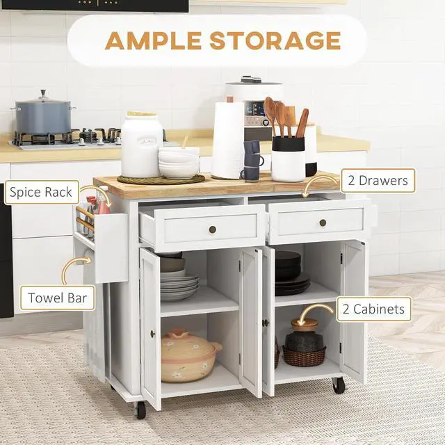 Alt view image 3 of 7 - Kitchen Island Cart with Solid Wood Top 44" Mobile Distressed White | Kitchen Island Table, on Wheels, Storage Cabinets, 2 Drawers, Adjustable Shelves, Spice Rack & Towel Bar, for Dining Room