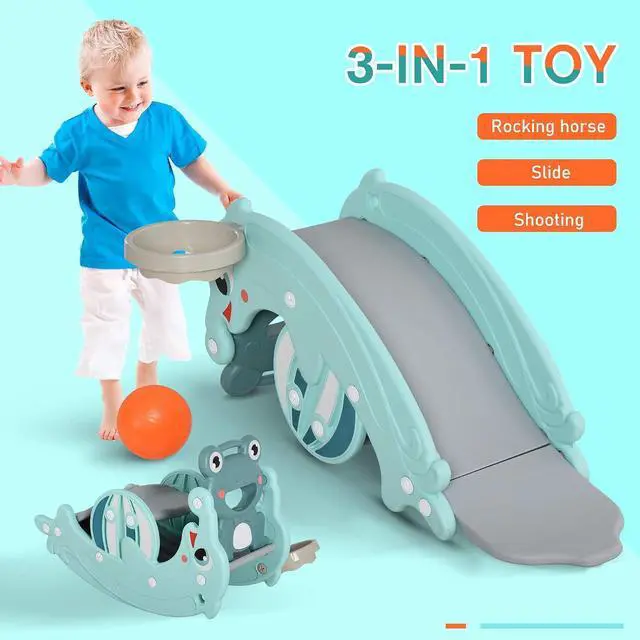 Alt view image 4 of 7 - Qaba 3-in-1 Kids Portable Slide Rocking Horse Toy for Age 1.5-3 Mint Green | with Basketball Hoop, for Boys and Girls