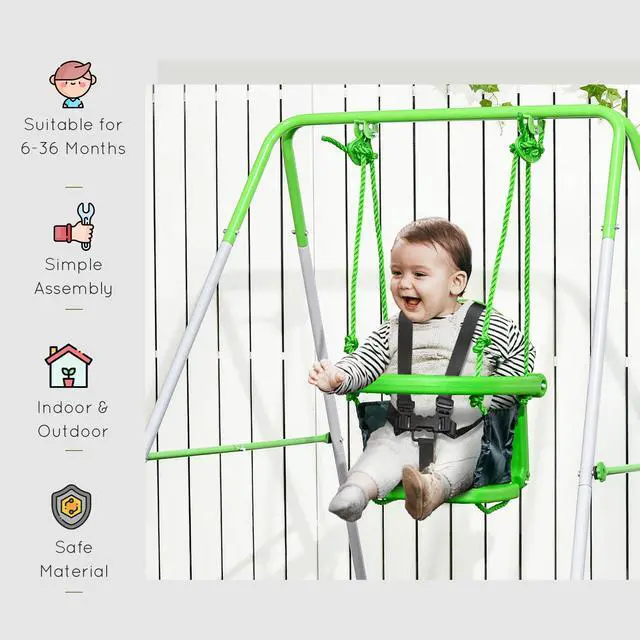 Alt view image 3 of 7 - Toddler Swing Set with Metal Stand, 6-36 Months Green | Baby Swing Set, Safety Seat Belt, Backyard Indoor & Outdoor