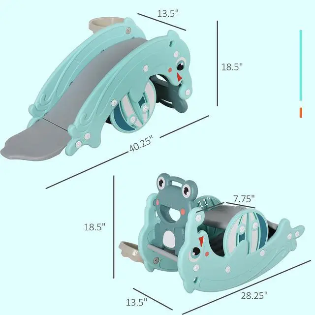 Alt view image 7 of 7 - Qaba 3-in-1 Kids Portable Slide Rocking Horse Toy for Age 1.5-3 Mint Green | with Basketball Hoop, for Boys and Girls