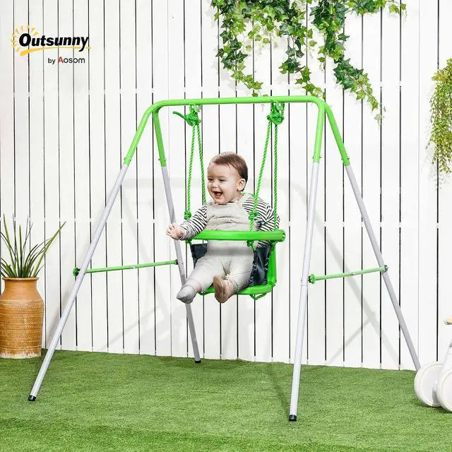 Alt view image 2 of 7 - Toddler Swing Set with Metal Stand, 6-36 Months Green | Baby Swing Set, Safety Seat Belt, Backyard Indoor & Outdoor