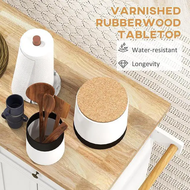 Alt view image 4 of 7 - Kitchen Island Cart with Solid Wood Top 44" Mobile Distressed White | Kitchen Island Table, on Wheels, Storage Cabinets, 2 Drawers, Adjustable Shelves, Spice Rack & Towel Bar, for Dining Room