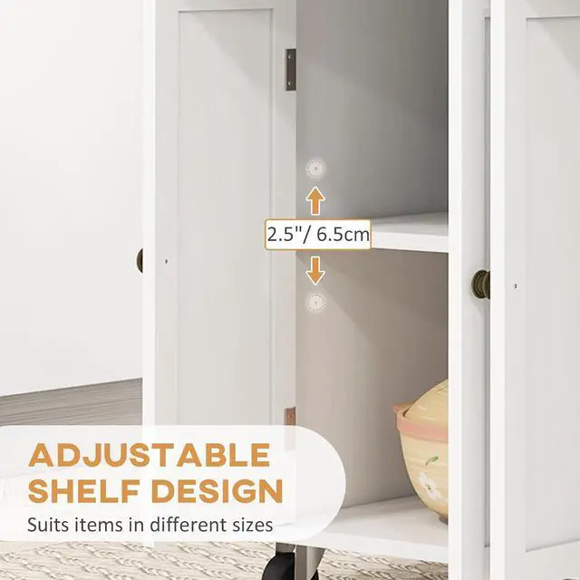Alt view image 5 of 7 - Kitchen Island Cart with Solid Wood Top 44" Mobile Distressed White | Kitchen Island Table, on Wheels, Storage Cabinets, 2 Drawers, Adjustable Shelves, Spice Rack & Towel Bar, for Dining Room