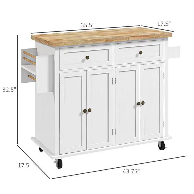 Alt view image 7 of 7 - Kitchen Island Cart with Solid Wood Top 44" Mobile Distressed White | Kitchen Island Table, on Wheels, Storage Cabinets, 2 Drawers, Adjustable Shelves, Spice Rack & Towel Bar, for Dining Room