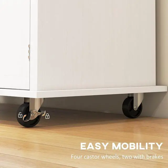 Alt view image 6 of 7 - Kitchen Island Cart with Solid Wood Top 44" Mobile Distressed White | Kitchen Island Table, on Wheels, Storage Cabinets, 2 Drawers, Adjustable Shelves, Spice Rack & Towel Bar, for Dining Room
