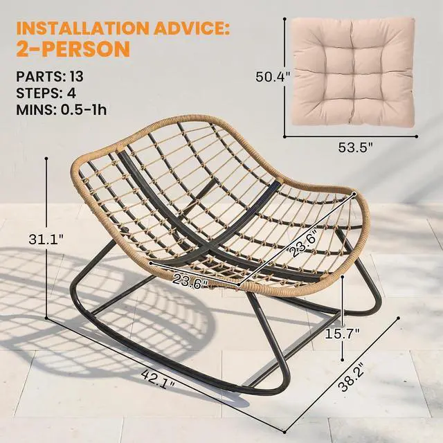 Alt view image 3 of 7 - Papasan Rocking Chair Oversized Indoor Outdoor Cushion Cream White | Wicker, PE Rattan, Outdoor Rocker Egg Chairs, Living Room, Garden, Patio, Balcony