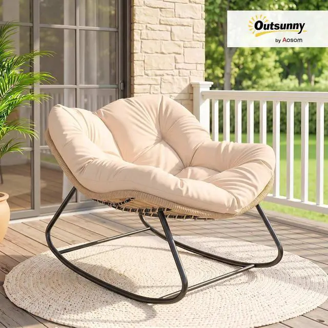 Alt view image 2 of 7 - Papasan Rocking Chair Oversized Indoor Outdoor Cushion Cream White | Wicker, PE Rattan, Outdoor Rocker Egg Chairs, Living Room, Garden, Patio, Balcony
