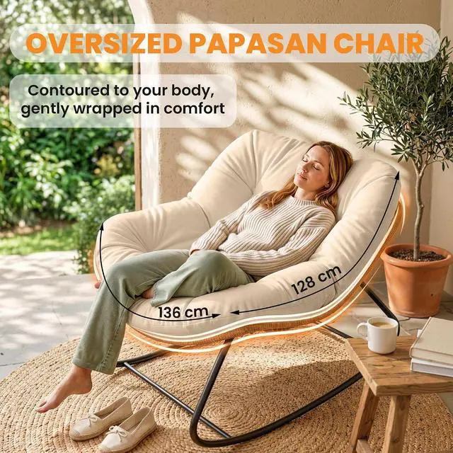 Alt view image 4 of 7 - Papasan Rocking Chair Oversized Indoor Outdoor Cushion Cream White | Wicker, PE Rattan, Outdoor Rocker Egg Chairs, Living Room, Garden, Patio, Balcony