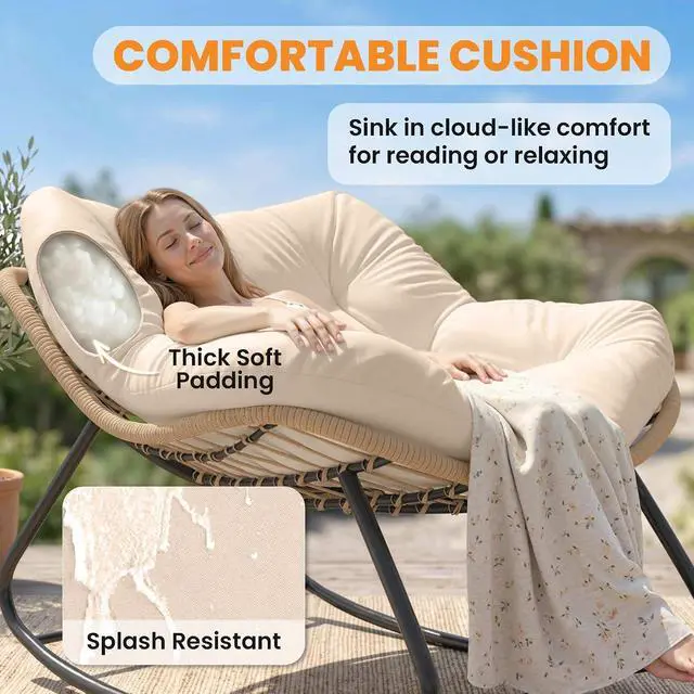 Alt view image 5 of 7 - Papasan Rocking Chair Oversized Indoor Outdoor Cushion Cream White | Wicker, PE Rattan, Outdoor Rocker Egg Chairs, Living Room, Garden, Patio, Balcony