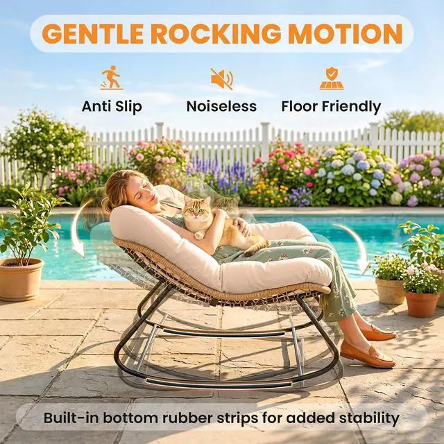 Alt view image 6 of 7 - Papasan Rocking Chair Oversized Indoor Outdoor Cushion Cream White | Wicker, PE Rattan, Outdoor Rocker Egg Chairs, Living Room, Garden, Patio, Balcony
