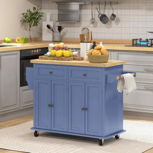 Alt view image 2 of 7 - Kitchen Island Cart with Solid Wood Top 44" Mobile Navy Blue | Kitchen Island Table, on Wheels, Storage Cabinets, 2 Drawers, Adjustable Shelves, Spice Rack & Towel Bar, for Dining Room