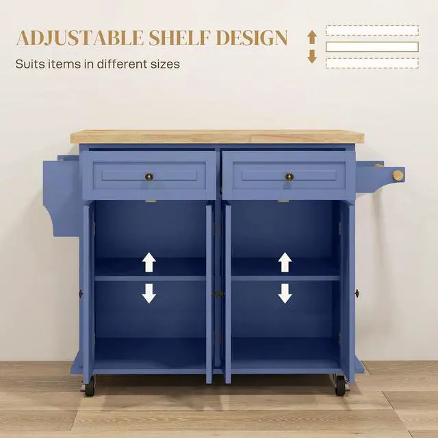 Alt view image 4 of 7 - Kitchen Island Cart with Solid Wood Top 44" Mobile Navy Blue | Kitchen Island Table, on Wheels, Storage Cabinets, 2 Drawers, Adjustable Shelves, Spice Rack & Towel Bar, for Dining Room
