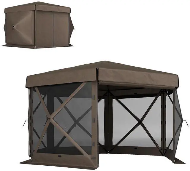 Main image of 12' x 12' Hexagonal Pop Up Gazebo Tent Waterproof Brown | 5 Sidewalls, Portable Outdoor Canopy Shelter, Curtains, Carry Bag, 5 Ropes, 11 Stakes, Camping Garden Patio