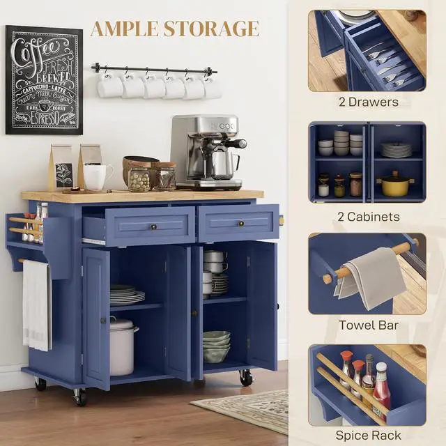 Alt view image 5 of 7 - Kitchen Island Cart with Solid Wood Top 44" Mobile Navy Blue | Kitchen Island Table, on Wheels, Storage Cabinets, 2 Drawers, Adjustable Shelves, Spice Rack & Towel Bar, for Dining Room