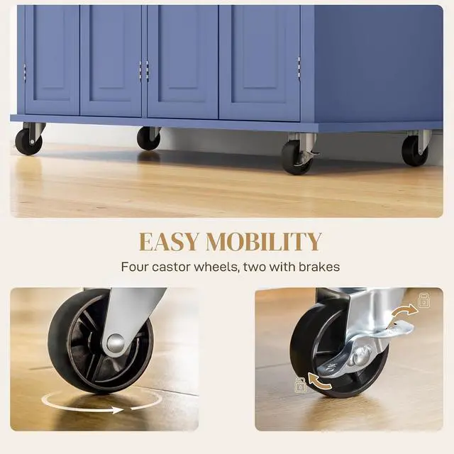 Alt view image 6 of 7 - Kitchen Island Cart with Solid Wood Top 44" Mobile Navy Blue | Kitchen Island Table, on Wheels, Storage Cabinets, 2 Drawers, Adjustable Shelves, Spice Rack & Towel Bar, for Dining Room