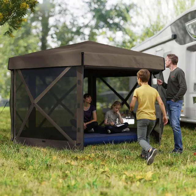 Alt view image 2 of 7 - 12' x 12' Hexagonal Pop Up Gazebo Tent Waterproof Brown | 5 Sidewalls, Portable Outdoor Canopy Shelter, Curtains, Carry Bag, 5 Ropes, 11 Stakes, Camping Garden Patio