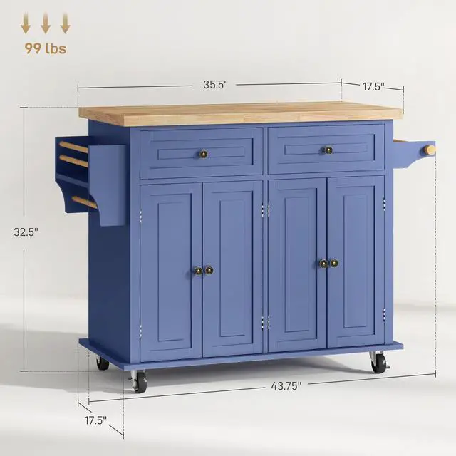 Alt view image 7 of 7 - Kitchen Island Cart with Solid Wood Top 44" Mobile Navy Blue | Kitchen Island Table, on Wheels, Storage Cabinets, 2 Drawers, Adjustable Shelves, Spice Rack & Towel Bar, for Dining Room