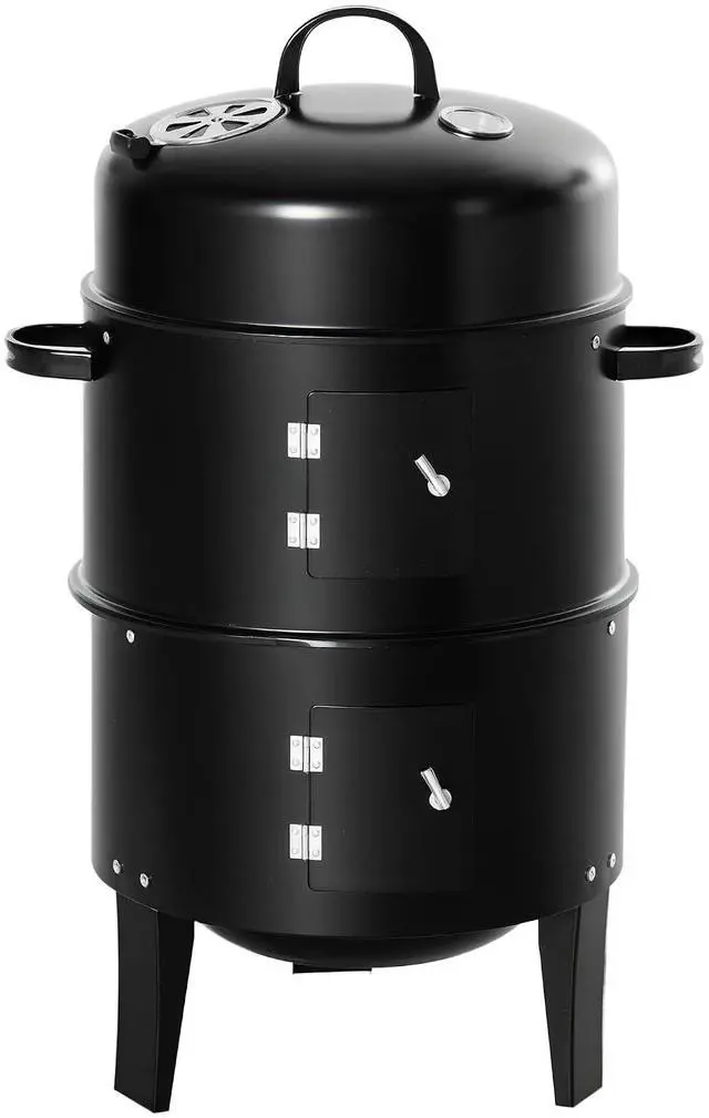 Main image of Vertical Charcoal BBQ Smoker 3-in-1 16" Round, Black | Charcoal Barbecue Grill, 2 Cooking Area, Thermometer, Outdoor Camping Picnic Backyard Cooking