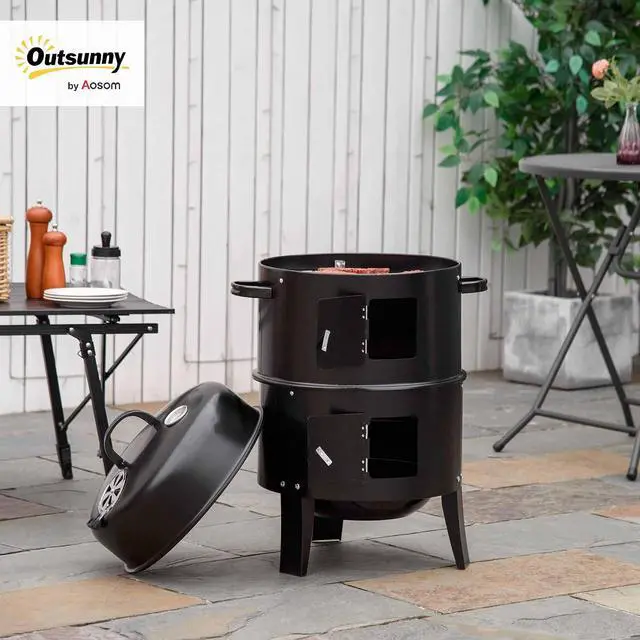 Alt view image 2 of 7 - Vertical Charcoal BBQ Smoker 3-in-1 16" Round, Black | Charcoal Barbecue Grill, 2 Cooking Area, Thermometer, Outdoor Camping Picnic Backyard Cooking