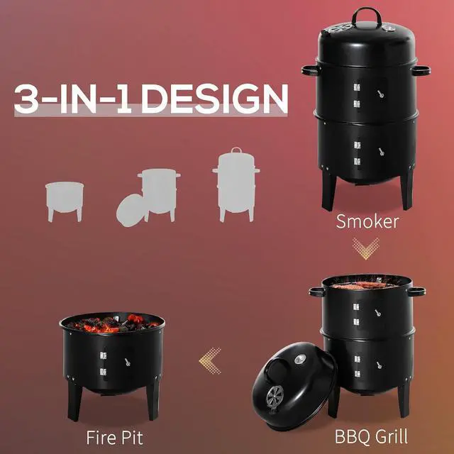 Alt view image 3 of 7 - Vertical Charcoal BBQ Smoker 3-in-1 16" Round, Black | Charcoal Barbecue Grill, 2 Cooking Area, Thermometer, Outdoor Camping Picnic Backyard Cooking