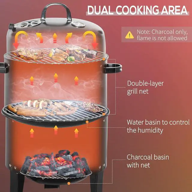 Alt view image 4 of 7 - Vertical Charcoal BBQ Smoker 3-in-1 16" Round, Black | Charcoal Barbecue Grill, 2 Cooking Area, Thermometer, Outdoor Camping Picnic Backyard Cooking