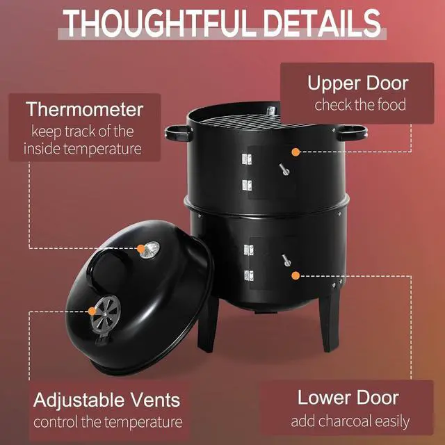 Alt view image 5 of 7 - Vertical Charcoal BBQ Smoker 3-in-1 16" Round, Black | Charcoal Barbecue Grill, 2 Cooking Area, Thermometer, Outdoor Camping Picnic Backyard Cooking