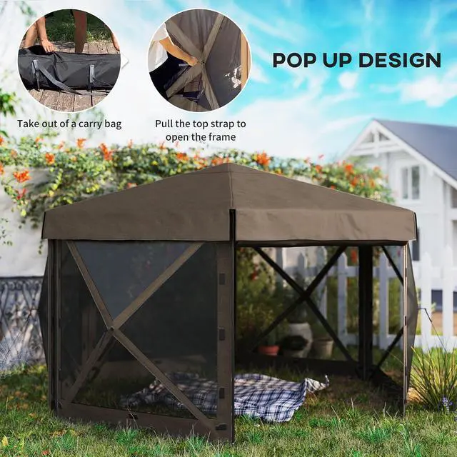 Alt view image 3 of 7 - 12' x 12' Hexagonal Pop Up Gazebo Tent Waterproof Brown | 5 Sidewalls, Portable Outdoor Canopy Shelter, Curtains, Carry Bag, 5 Ropes, 11 Stakes, Camping Garden Patio