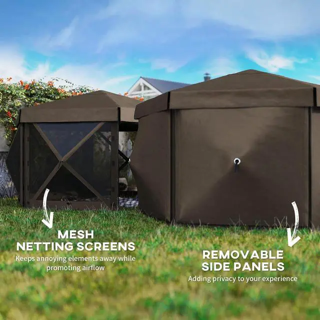 Alt view image 4 of 7 - 12' x 12' Hexagonal Pop Up Gazebo Tent Waterproof Brown | 5 Sidewalls, Portable Outdoor Canopy Shelter, Curtains, Carry Bag, 5 Ropes, 11 Stakes, Camping Garden Patio