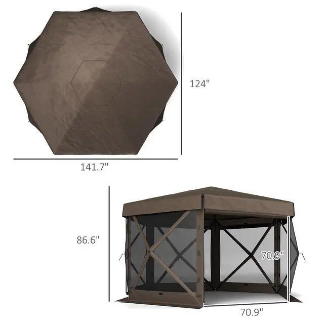 Alt view image 7 of 7 - 12' x 12' Hexagonal Pop Up Gazebo Tent Waterproof Brown | 5 Sidewalls, Portable Outdoor Canopy Shelter, Curtains, Carry Bag, 5 Ropes, 11 Stakes, Camping Garden Patio