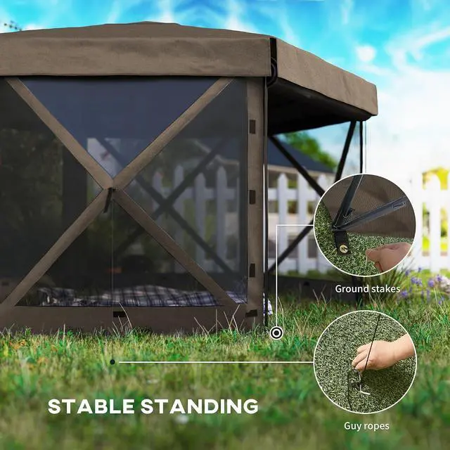 Alt view image 6 of 7 - 12' x 12' Hexagonal Pop Up Gazebo Tent Waterproof Brown | 5 Sidewalls, Portable Outdoor Canopy Shelter, Curtains, Carry Bag, 5 Ropes, 11 Stakes, Camping Garden Patio