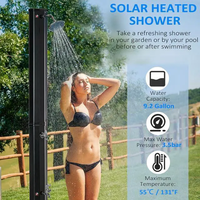 Alt view image 3 of 7 - 7ft Outdoor Solar Heated Shower 360 Rotating Shower Head for Pool | Foot Faucet, Temperature and Pressure Adjustable, Holds 9.2 Gallons, for Backyard Pool