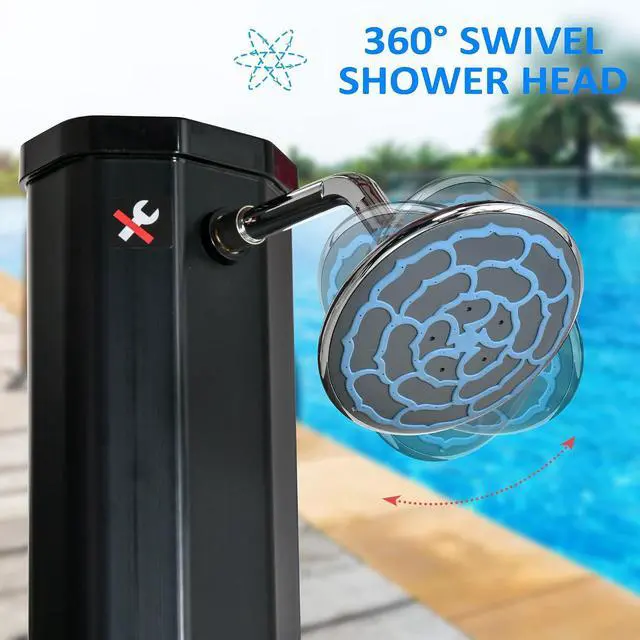 Alt view image 5 of 7 - 7ft Outdoor Solar Heated Shower 360 Rotating Shower Head for Pool | Foot Faucet, Temperature and Pressure Adjustable, Holds 9.2 Gallons, for Backyard Pool